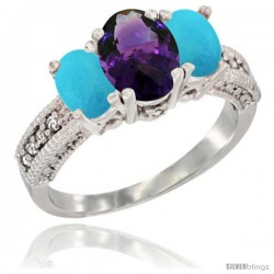 14k White Gold Ladies Oval Natural Amethyst 3-Stone Ring with Turquoise Sides Diamond Accent