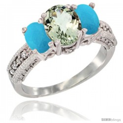 14k White Gold Ladies Oval Natural Green Amethyst 3-Stone Ring with Turquoise Sides Diamond Accent