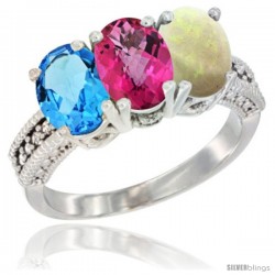 10K White Gold Natural Swiss Blue Topaz, Pink Topaz & Opal Ring 3-Stone Oval 7x5 mm Diamond Accent