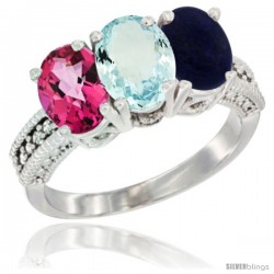 14K White Gold Natural Pink Topaz, Aquamarine & Lapis Ring 3-Stone 7x5 mm Oval Diamond Accent