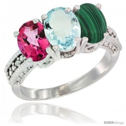 14K White Gold Natural Pink Topaz, Aquamarine & Malachite Ring 3-Stone 7x5 mm Oval Diamond Accent