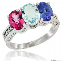 14K White Gold Natural Pink Topaz, Aquamarine & Tanzanite Ring 3-Stone 7x5 mm Oval Diamond Accent