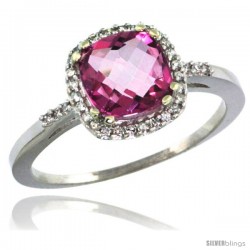 14k White Gold Diamond Pink Topaz Ring 1.5 ct Checkerboard Cut Cushion Shape 7 mm, 3/8 in wide