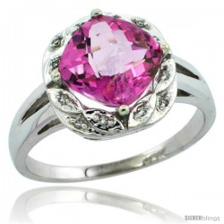 14k White Gold Diamond Halo Pink Topaz Ring 2.7 ct Checkerboard Cut Cushion Shape 8 mm, 1/2 in wide