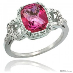 14k White Gold Diamond Pink Topaz Ring 2 ct Checkerboard Cut Cushion Shape 9x7 mm, 1/2 in wide