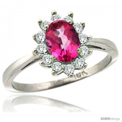 14k White Gold Diamond Halo Pink Topaz Ring 0.85 ct Oval Stone 7x5 mm, 1/2 in wide