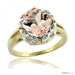 14k Yellow Gold Diamond Halo Morganite Ring 2.7 ct Checkerboard Cut Cushion Shape 8 mm, 1/2 in wide