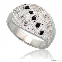 Sterling Silver Dome Ring, High Quality Black & White CZ Stones, 1/2 in (11 mm) wide