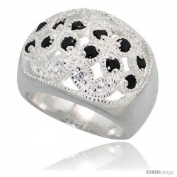 Sterling Silver Dome Ring, Floral Designs of High Quality Black & White CZ Stones, 5/8 in (16 mm) wide