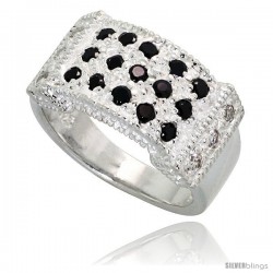 Sterling Silver Rectangular Ring, High Quality Black & White CZ Stones, 3/8 in (10 mm) wide