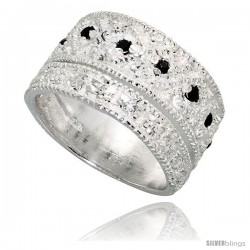 Sterling Silver Band, High Quality Black & White CZ Stones, 1/2 in (11 mm) wide