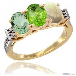 10K Yellow Gold Natural Green Amethyst, Peridot & Opal Ring 3-Stone Oval 7x5 mm Diamond Accent