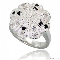 Sterling Silver Flower Ring, High Quality Black & White CZ Stones, 3/4 in (17 mm) wide