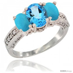 14k White Gold Ladies Oval Natural Swiss Blue Topaz 3-Stone Ring with Turquoise Sides Diamond Accent