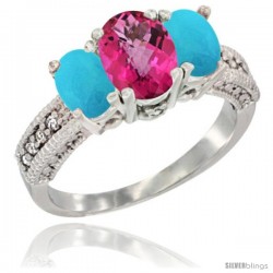 14k White Gold Ladies Oval Natural Pink Topaz 3-Stone Ring with Turquoise Sides Diamond Accent