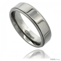 Titanium 6mm Flat Wedding Band Ring Millgrain Edges Highly Polished Comfort-fit