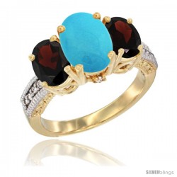 10K Yellow Gold Ladies 3-Stone Oval Natural Turquoise Ring with Garnet Sides Diamond Accent