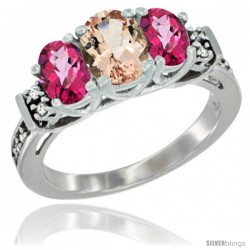 14K White Gold Natural Morganite & Pink Topaz Ring 3-Stone Oval with Diamond Accent