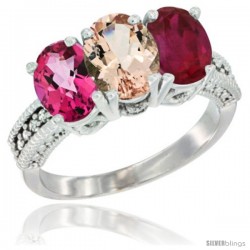 14K White Gold Natural Pink Topaz, Morganite & Ruby Ring 3-Stone 7x5 mm Oval Diamond Accent