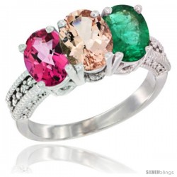 14K White Gold Natural Pink Topaz, Morganite & Emerald Ring 3-Stone 7x5 mm Oval Diamond Accent