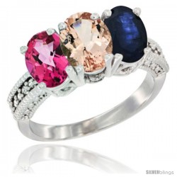 14K White Gold Natural Pink Topaz, Morganite & Blue Sapphire Ring 3-Stone 7x5 mm Oval Diamond Accent