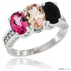 14K White Gold Natural Pink Topaz, Morganite & Black Onyx Ring 3-Stone 7x5 mm Oval Diamond Accent