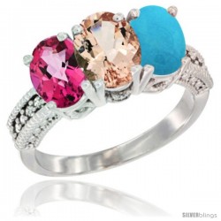 14K White Gold Natural Pink Topaz, Morganite & Turquoise Ring 3-Stone 7x5 mm Oval Diamond Accent