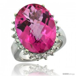 14k White Gold Diamond Halo Pink Topaz Ring 10 ct Large Oval Stone 18x13 mm, 7/8 in wide