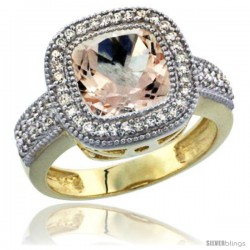 14K Yellow Gold Natural Morganite Ring Diamond Accent, Cushion-cut 9x9 Stone Diamond Accent