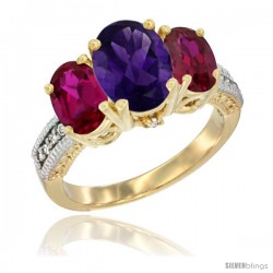 14K Yellow Gold Ladies 3-Stone Oval Natural Amethyst Ring with Ruby Sides Diamond Accent