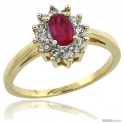 10k Gold ( 6x4 mm ) Halo Engagement Created Ruby Ring w/ 0.212 Carat Brilliant Cut Diamonds & 0.45 Carat Oval Cut Stone, 7/16