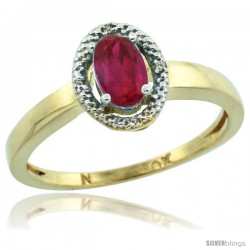 10k Gold ( 6x4 mm ) Halo Engagement Created Ruby Ring w/ 0.007 Carat Brilliant Cut Diamonds & 0.55 Carat Oval Cut Stone, 3/8