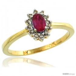 10k Gold ( 5x3 mm ) Halo Engagement Created Ruby Ring w/ 0.12 Carat Brilliant Cut Diamonds & 0.20 Carat Oval Cut Stone, 5/16