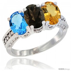 10K White Gold Natural Swiss Blue Topaz, Smoky Topaz & Citrine Ring 3-Stone Oval 7x5 mm Diamond Accent