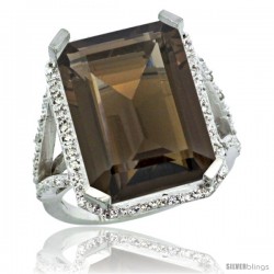 Sterling Silver Diamond Natural Smoky Topaz Ring 14.96 ct Emerald Shape 18x13 Stone 13/16 in wide