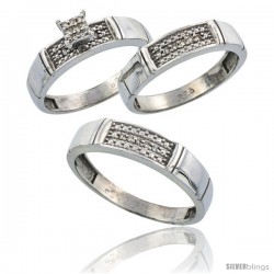 Sterling Silver Diamond Trio Wedding Ring Set His 5mm & Hers 4.5mm Rhodium finish