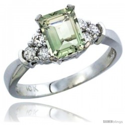 10K White Gold Natural Green Amethyst Ring Emerald-shape 7x5 Stone Diamond Accent