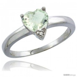 10K White Gold Natural Green Amethyst Ring Heart-shape 8x8 Stone Diamond Accent