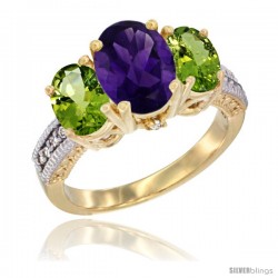 10K Yellow Gold Ladies 3-Stone Oval Natural Amethyst Ring with Peridot Sides Diamond Accent