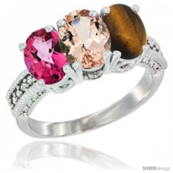 14K White Gold Natural Pink Topaz, Morganite & Tiger Eye Ring 3-Stone 7x5 mm Oval Diamond Accent