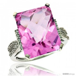 14k White Gold Diamond Pink Topaz Ring 12 ct Emerald Shape 16x12 Stone 3/4 in wide