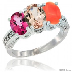 14K White Gold Natural Pink Topaz, Morganite & Coral Ring 3-Stone 7x5 mm Oval Diamond Accent