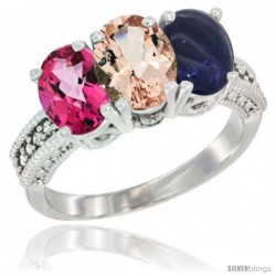 14K White Gold Natural Pink Topaz, Morganite & Lapis Ring 3-Stone 7x5 mm Oval Diamond Accent