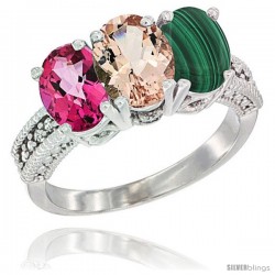 14K White Gold Natural Pink Topaz, Morganite & Malachite Ring 3-Stone 7x5 mm Oval Diamond Accent