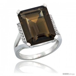 Sterling Silver Diamond Natural Smoky Topaz Ring 12 ct Natural Emerald Cut 16x12 stone 3/4 in wide