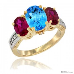 14K Yellow Gold Ladies 3-Stone Oval Natural Swiss Blue Topaz Ring with Ruby Sides Diamond Accent