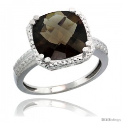 Sterling Silver Diamond Natural Smoky Topaz Ring 5.94 ct Checkerboard Cushion 11 mm Stone 1/2 in wide