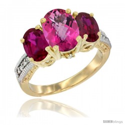 14K Yellow Gold Ladies 3-Stone Oval Natural Pink Topaz Ring with Ruby Sides Diamond Accent