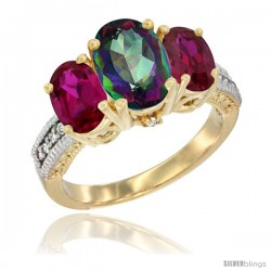 14K Yellow Gold Ladies 3-Stone Oval Natural Mystic Topaz Ring with Ruby Sides Diamond Accent