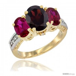 14K Yellow Gold Ladies 3-Stone Oval Natural Garnet Ring with Ruby Sides Diamond Accent